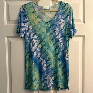 Susan Graver Watercolor Blue & Green V-Neck Tee XS